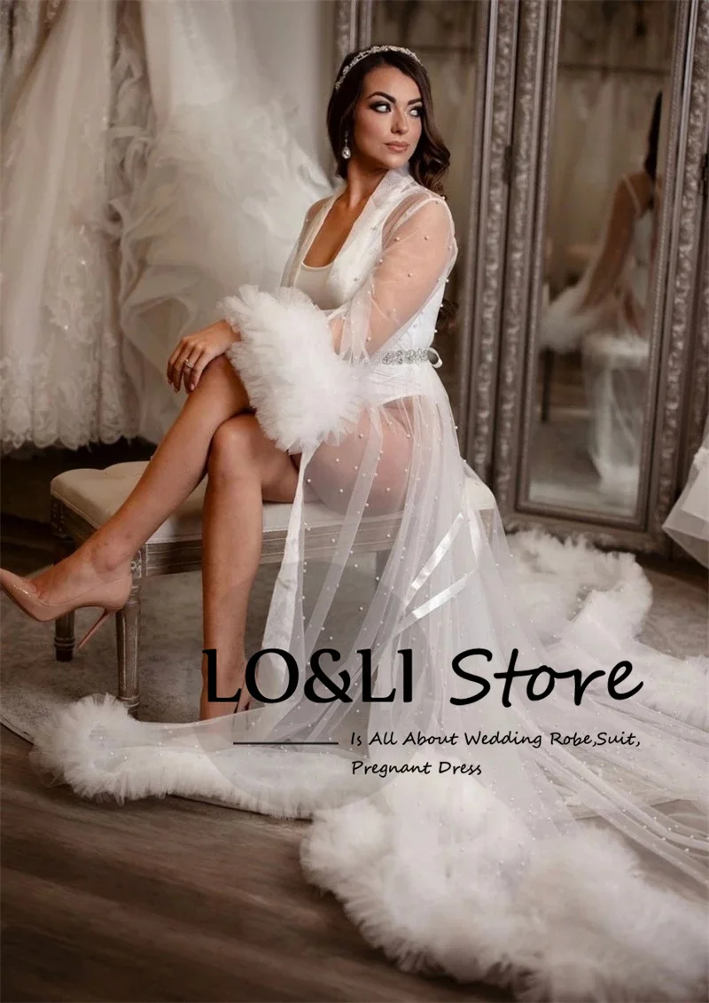 LO&LI Luxury Pearl Wedding Robe  For Women Bathrobe Sheer Long Train Dress Gown Maternity Photoshoot Custom Made Free Shipping