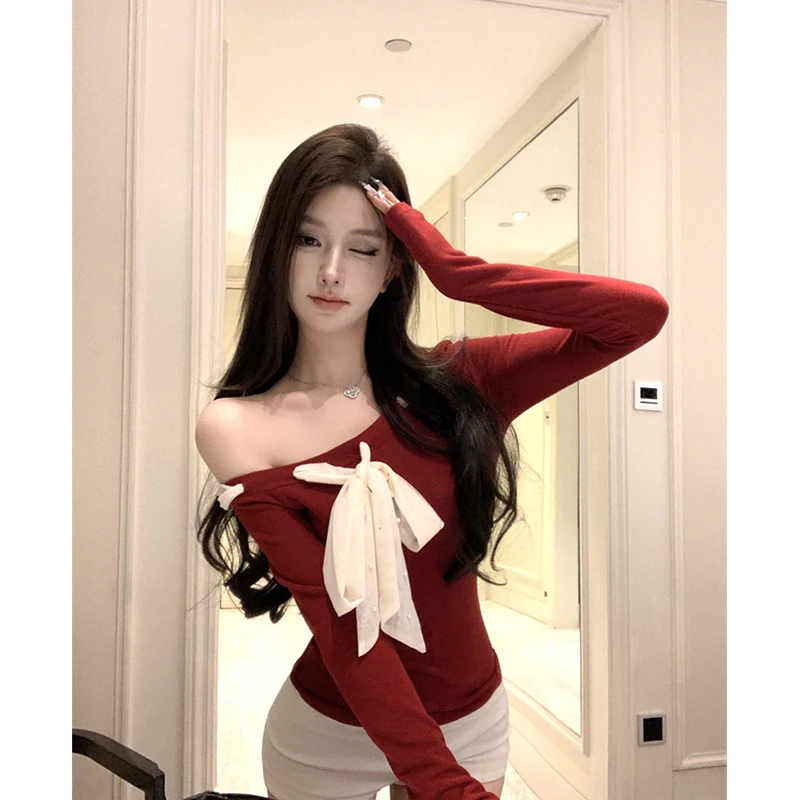 

Off Shoulder Red T Shirts Women Streetwear Sexy Bow Lace Up Crop Tops Autumn Gyaru Korean Fashion Skew Collar Long Sleeve Tees
