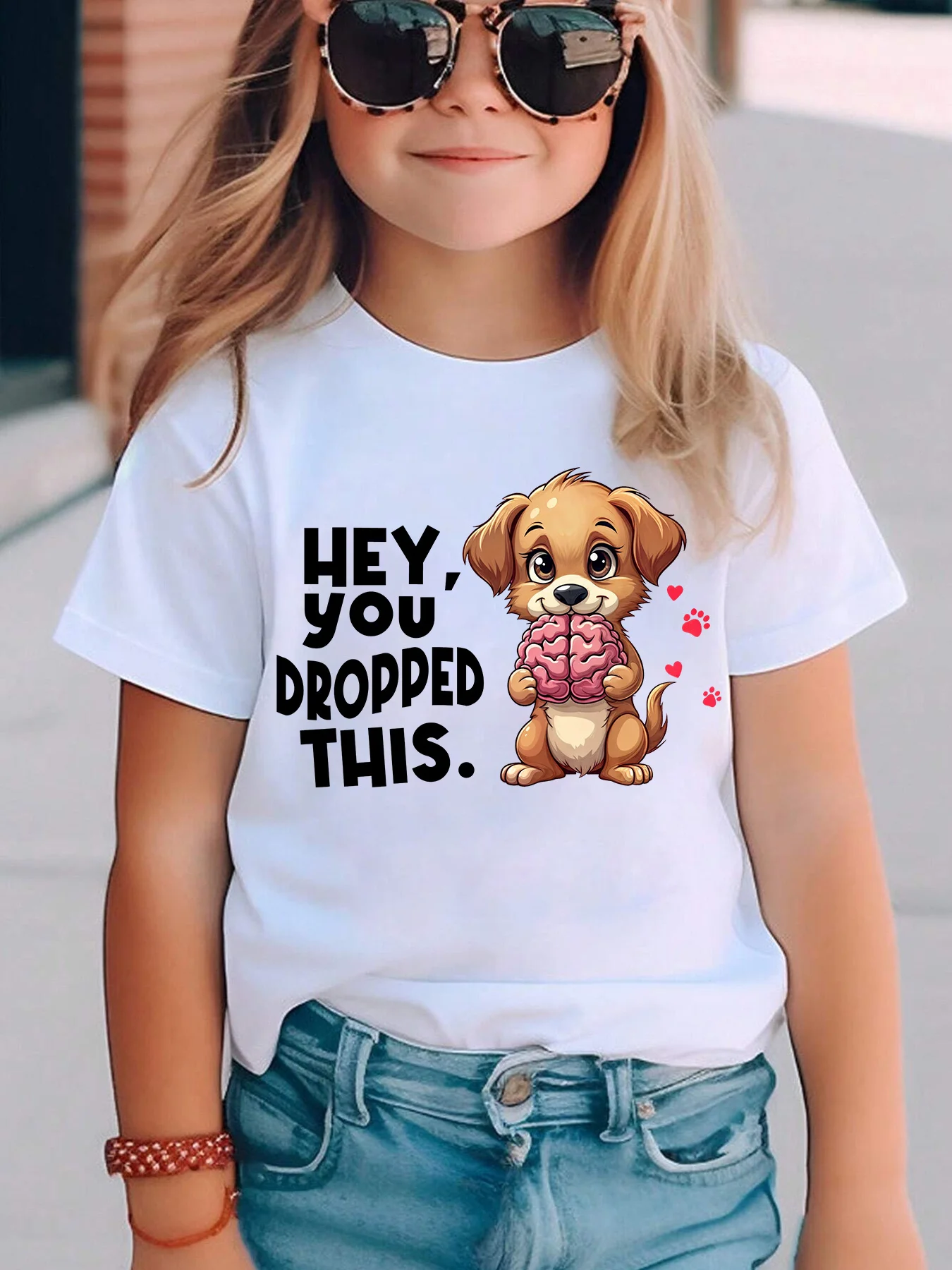Cute Puppy Brain Heart Paw Funny Slogan Print Family Matching Cotton Tees Short Sleeve Tops For Mom Dad Boys Girls Daily Wear