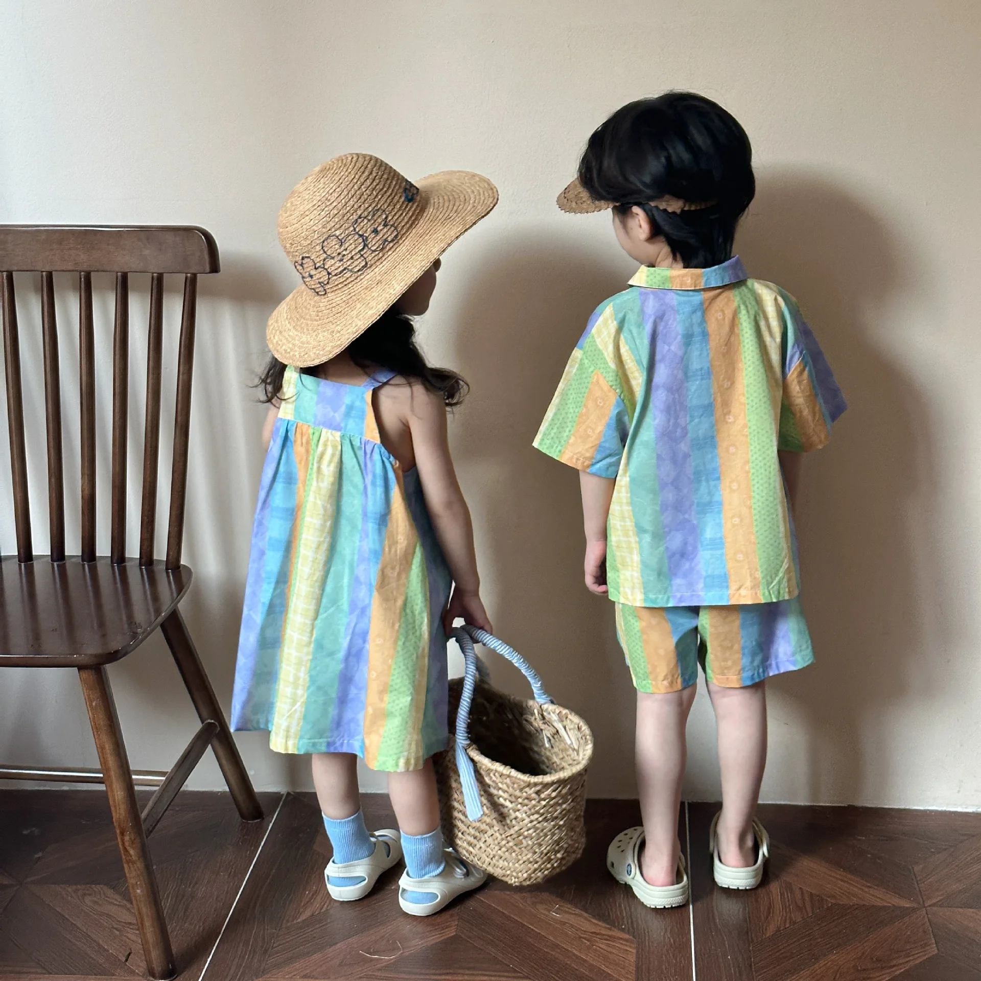 Vacation Look Sister and Brother Matching Clothes Child Girl Sleeveless Dresses Holiday Kids Baby Boy Shirts Shorts 2 Piece Sets