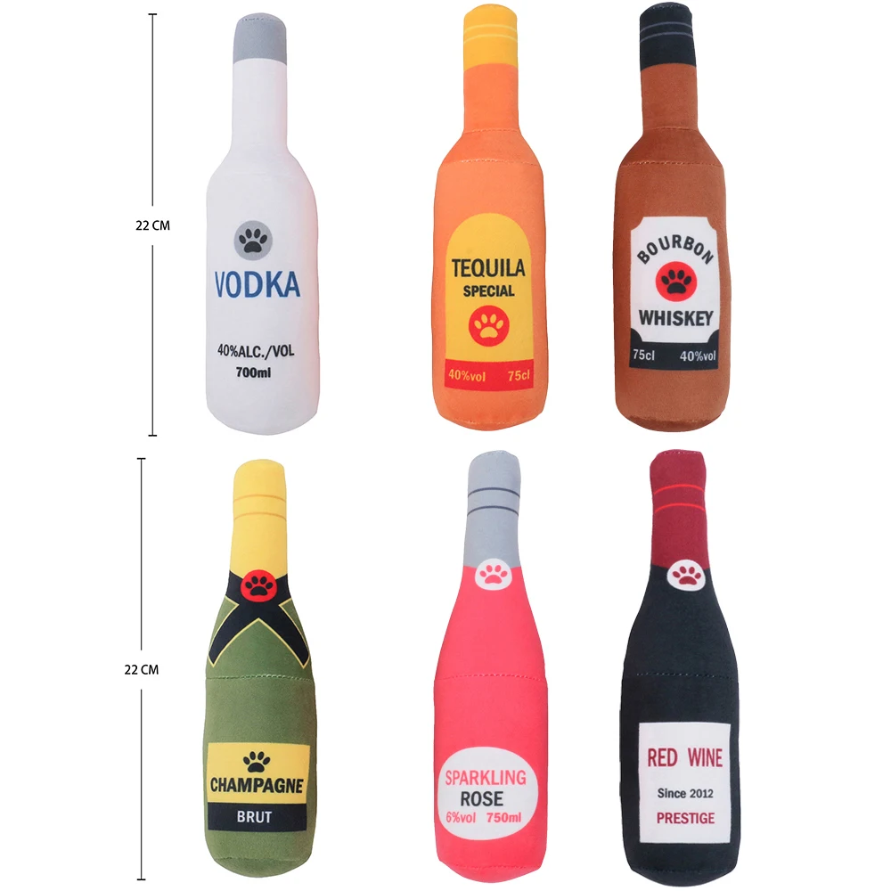 Dog Plush Toys Plush Filled Cocktail Vodka Wine Bottle Creative Pet Toys Champagne Shape Toy Squeaky Bite-Resistant Pet Supplies