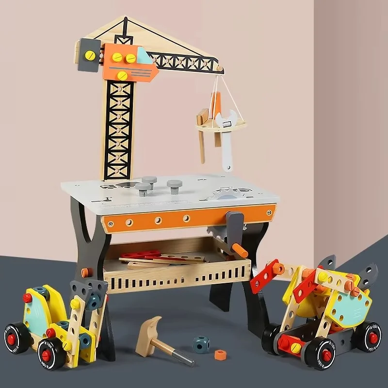 Wooden pretend mechanical crane tool workbench