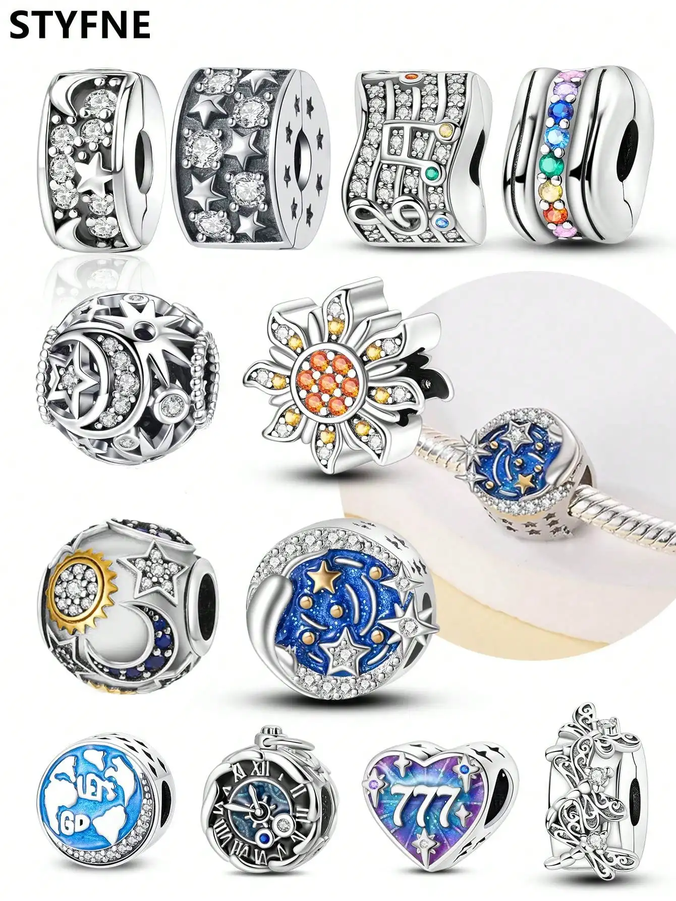 Charms Plata Stars and Moon Bead Clips and Spacers Charm Silver Plated Fit Charms Original Bracelet for Jewelry Making DIY Charm