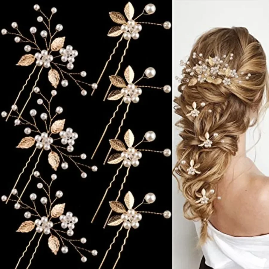 

7 Pieces Wedding Hair Pins Gold Leaf, Flower Hair Accessories for Brides Bridesmaids Girls Pearl Alloy Material Hair Styling Pi