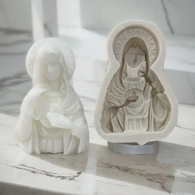 Large Size Virgin Mary Bust Sculpture Candle Silicone Mold DIY Abstract Madonna Statue Gypsum Candle Mould Religious Decor