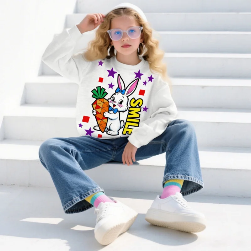

Girls' Adorable Bunny Graphic Sweatshirt with Carrot Design Cute Rabbit Smile Day Fashion Kids' Clothing 2026