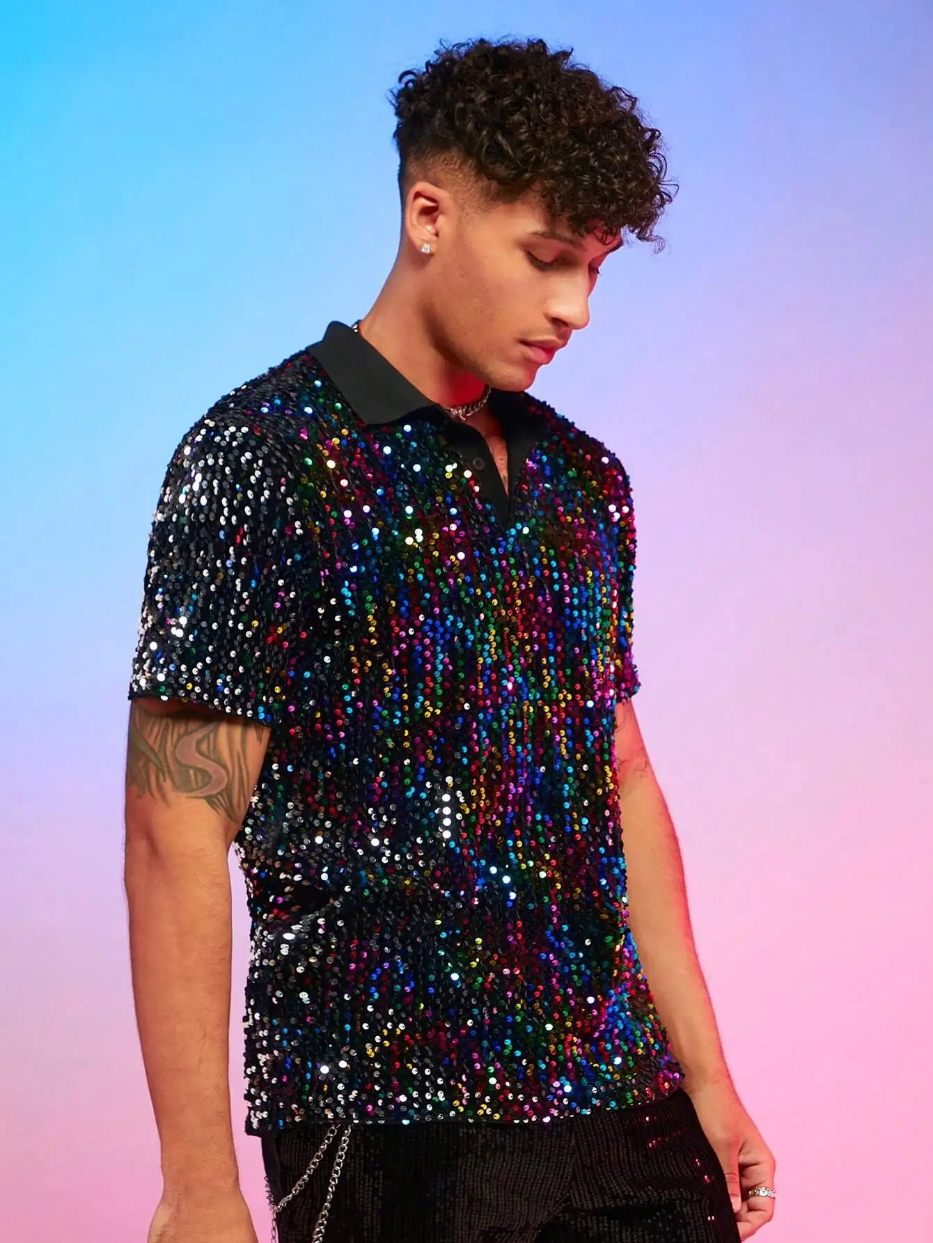 

Мужская рубашка-поло с радужными пайетками для вечеринок и повседневной носки