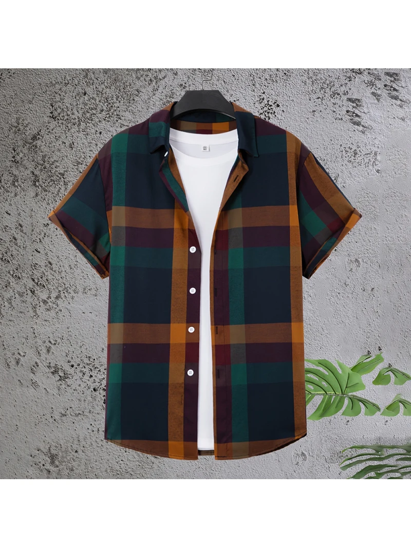 

2024 Men's Summer Short Sleeve Shirt Fashion Plaid Shirt Seaside Vacation Style Casual Outdoor Button Down Shirt Clothing