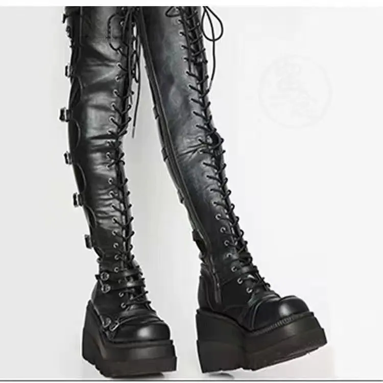 

2025 New Casual High-Tube Boots Women's Belt Bule Over-Knee Long Boots Cross Bule Waterproof Platform Leisure Boots