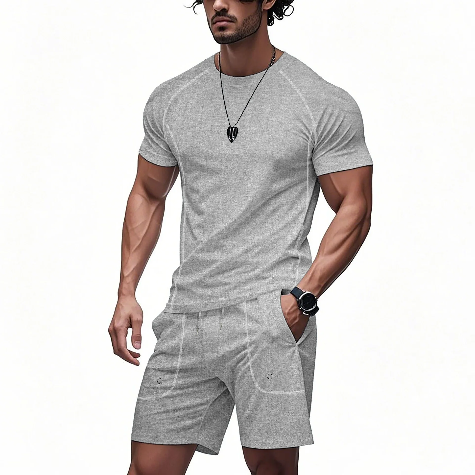 

Summer Mens Casual Breathable 2 Piece Set Sports Shoulder Design European American Lightweight Gym Beach Vacation Outfits