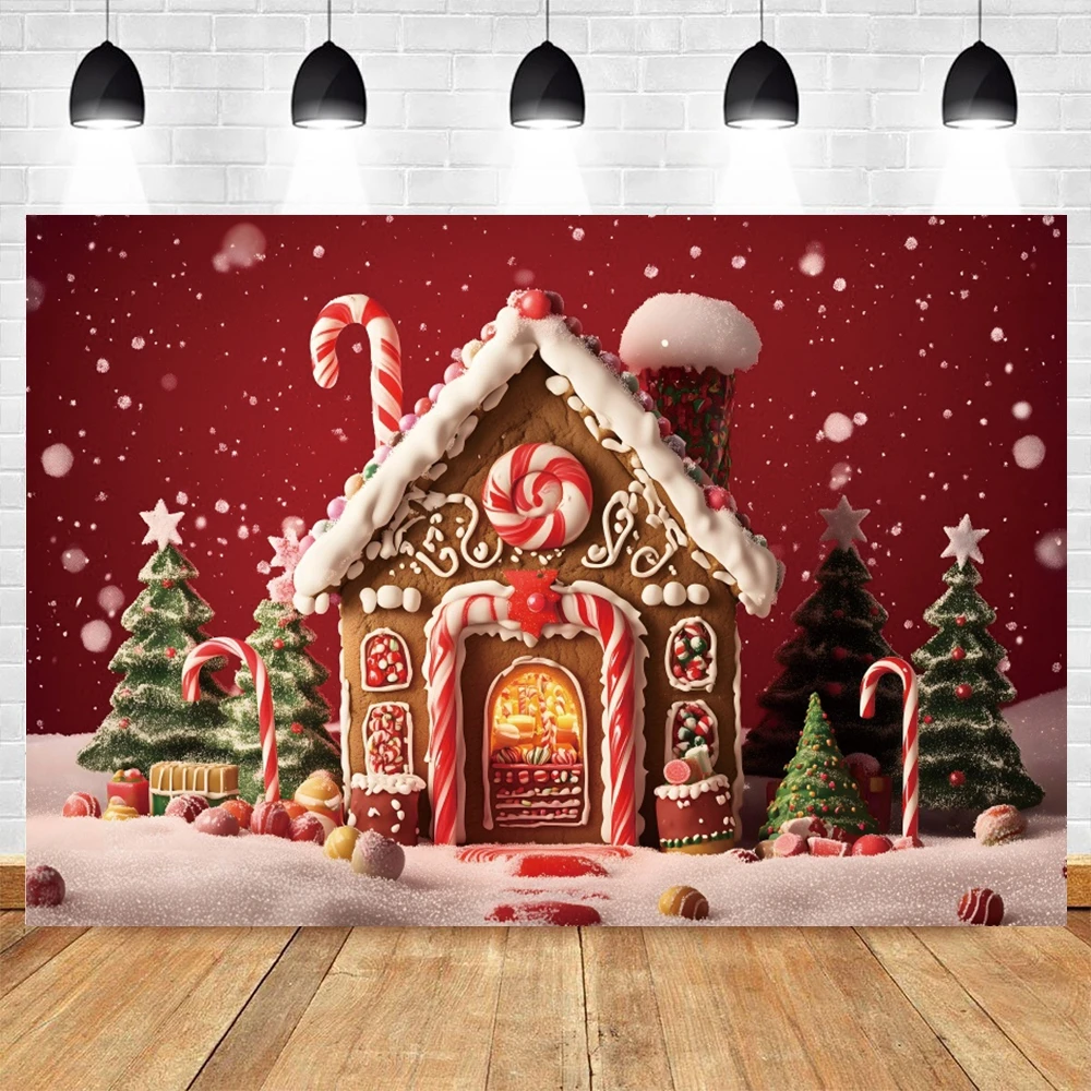 Fondo de fotografía de casa de jengibre de Navidad, copo de nieve de invierno, bastón de caramelo, regalo de árbol de Navidad, retrato de niños, fondo de fotografía rojo