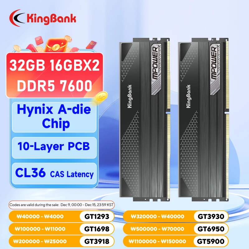 KingBank DDR5 16GB 16gbx2 7600MHz MPOWER CL36 Desktop Memory 288 Pin PMIC ECC DIMM DDR5 RAM Hynix A die Chip High performance