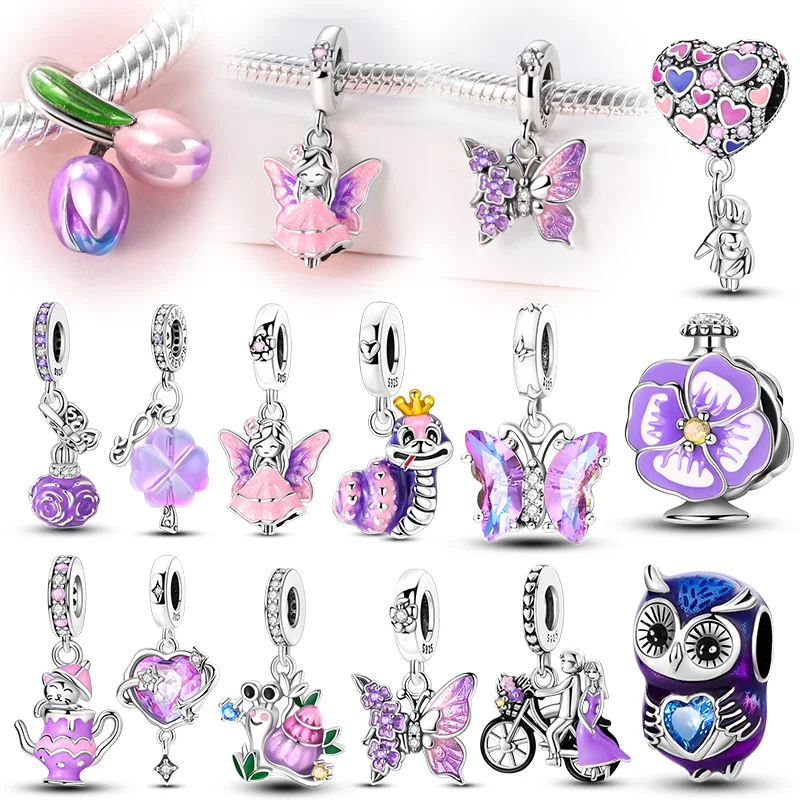 

Purple Series Charms 925 Sterling Silver Butterfly Tulip Snail Beads Dangle Fit Women Bracelet Pendant DIY Fashion Jewelry Gift