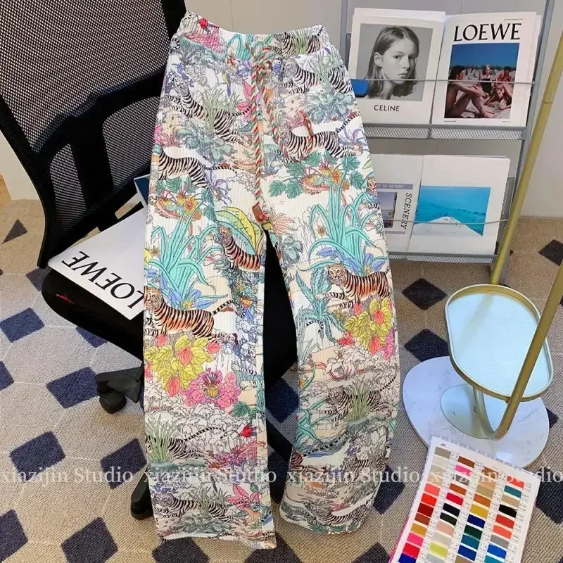 Y2K European Retro Art Pattern Straight Tube Pants Elegant Women Tiger Flower Printing Long Trouser Summer Autumn Casual Loose