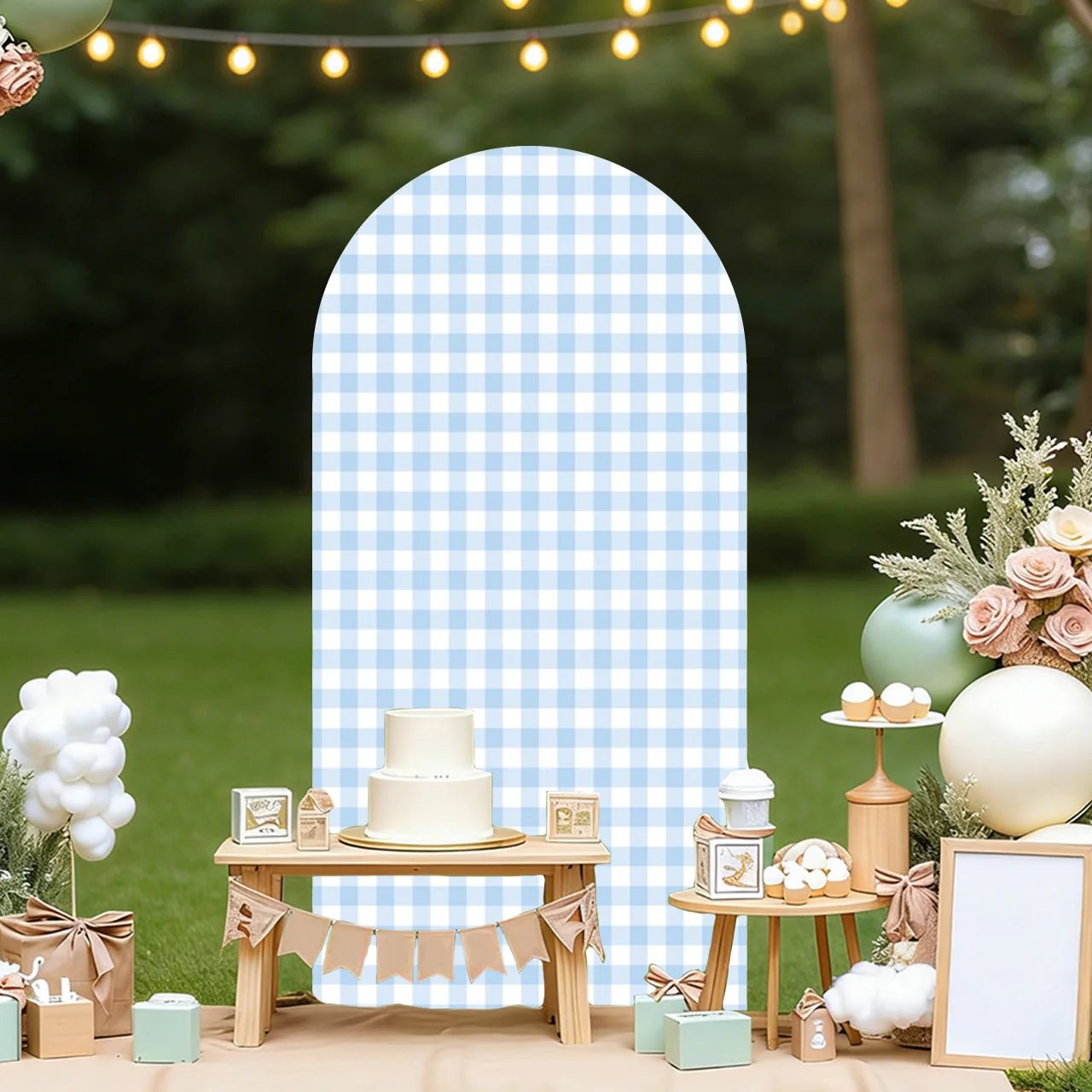 Mehofond Custom 2-Sided Blue Plaids One Silly Goose Kids Birthday Party Baby Shower Cover Chiara Arch Background Decor Backdrop