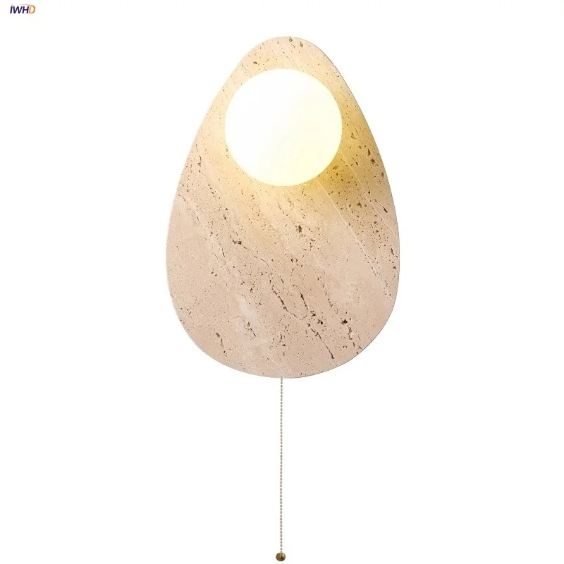 

IWHD Yellow Travertine LED Wall Lamp Bathroom Restaurant Bedroom Nordic Modern Pull Chain Switch White Glass Stair Light Fixture