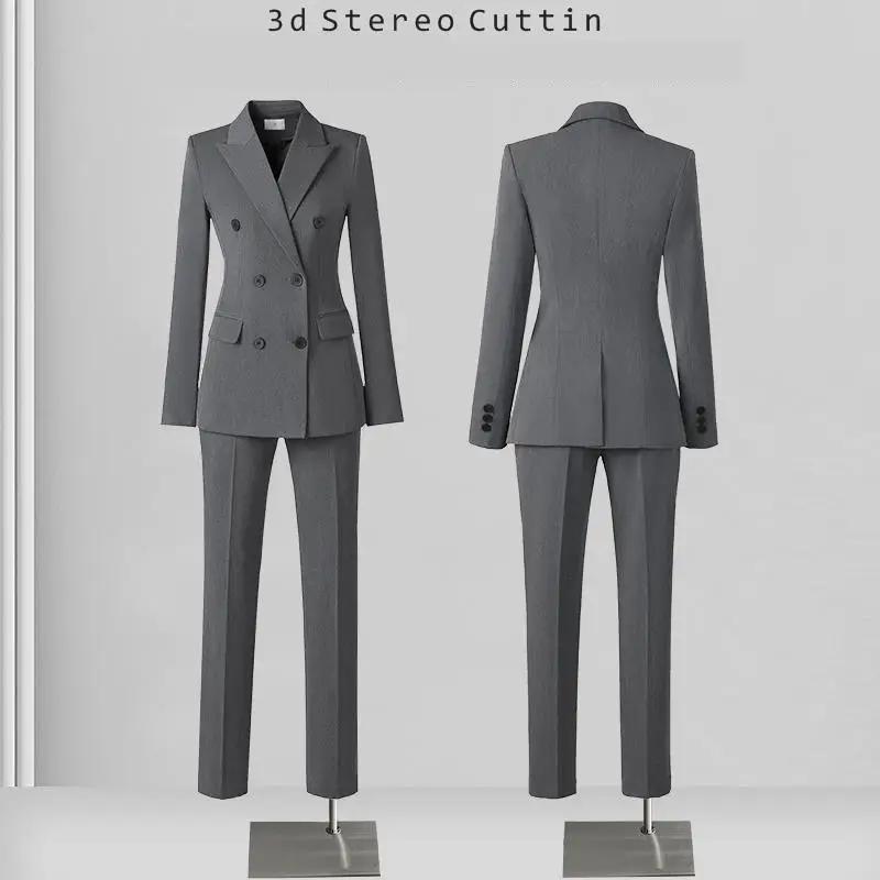 Conjunto de 2 piezas para mujer, traje gris con doble botonadura, traje profesional de temperamento, diosa, abanico, elegante, moda de Hotel,