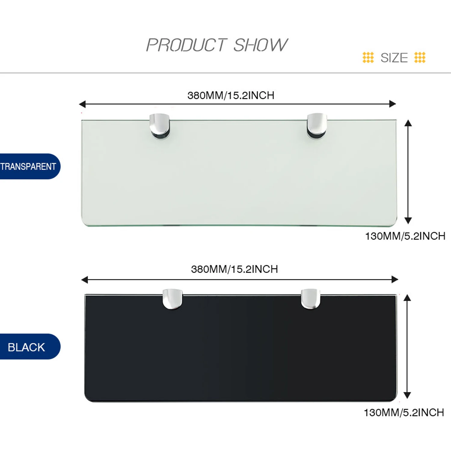 Bathroom Glass Shelf Wall Mounted 7MM Tempered Transparent Glass with Chromed Shelf Brackets 380MM Length Bathroom Accessories