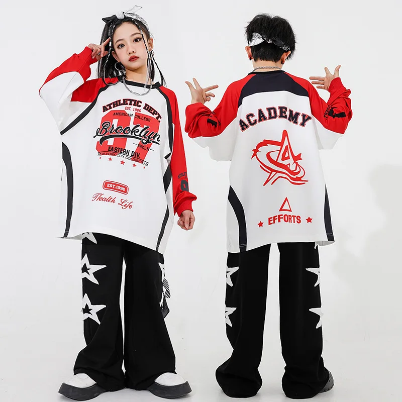 Kpop Hip Hop branco moletom, adolescentes Roupas, Top impressão, Calças largas, Kids Streetwear, Meninas, Meninos, Jazz Dance Costume, Primavera, Outono