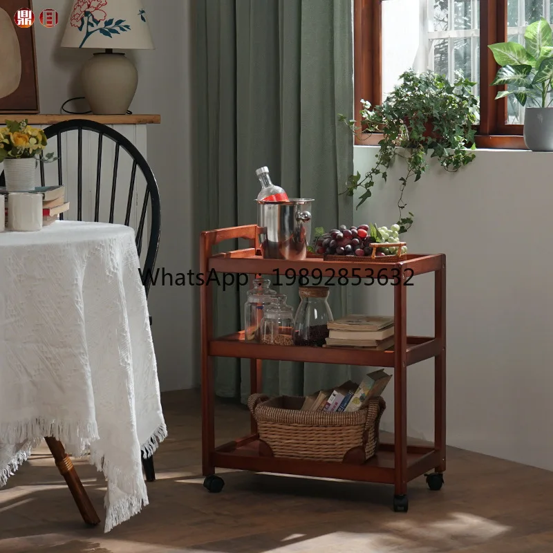 LYY Solid Wood Mobile Three-Tier Dining Cart Tea Cart Household Kitchen Storage Rack Wine Restaurant Small Trolley