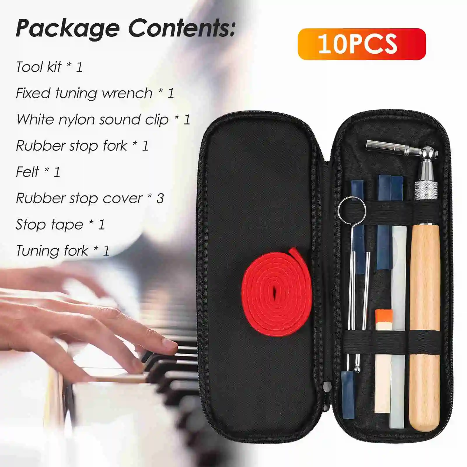 

10PCS Piano Tuning Kit Professional Tuning Tools Set Tuning Wrench Long Handle Tuning Wrench Rubber Mutes Temperament Felt Strip