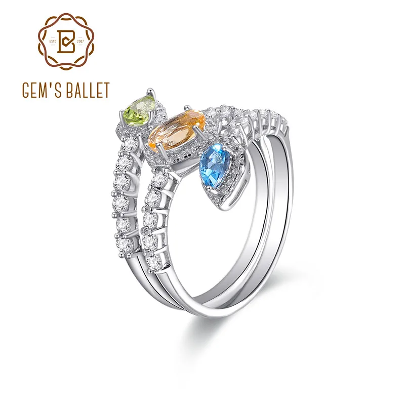 GEM'S BALLET Triple Rainbow Birthstone Ring Multi Gemstone Topaz Citrine Peridot Statement Stackin Ring in 925 Sterling Silver