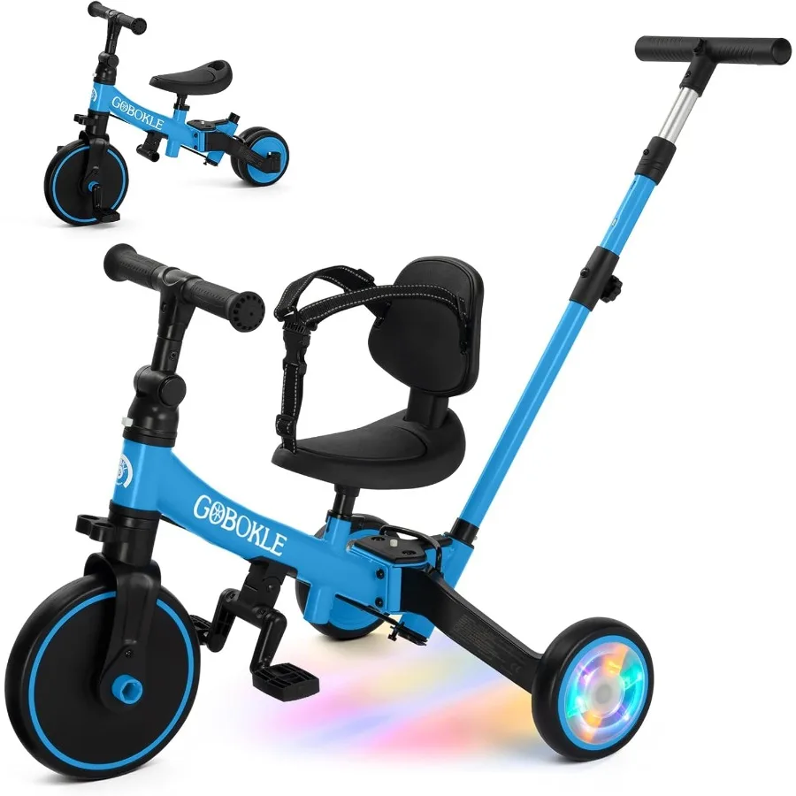 รถสามล้อเด็ก 5-in-1 สำหรับเด็กวัย 1-3 ปี แปลงเป็นจักรยานเด็กพร้อมที่จับสำหรับเข็นและถอดแป้นเหยียบได้ จักรยานทรงตัวพร้อมไฟหลากสี