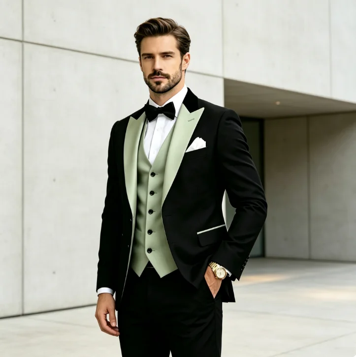 Black And Mint Green Men Suit Wedding Party Formal Groom Groomsman Prom Business Male Tuxedos 3 Piece Set Jacket Vest Pants