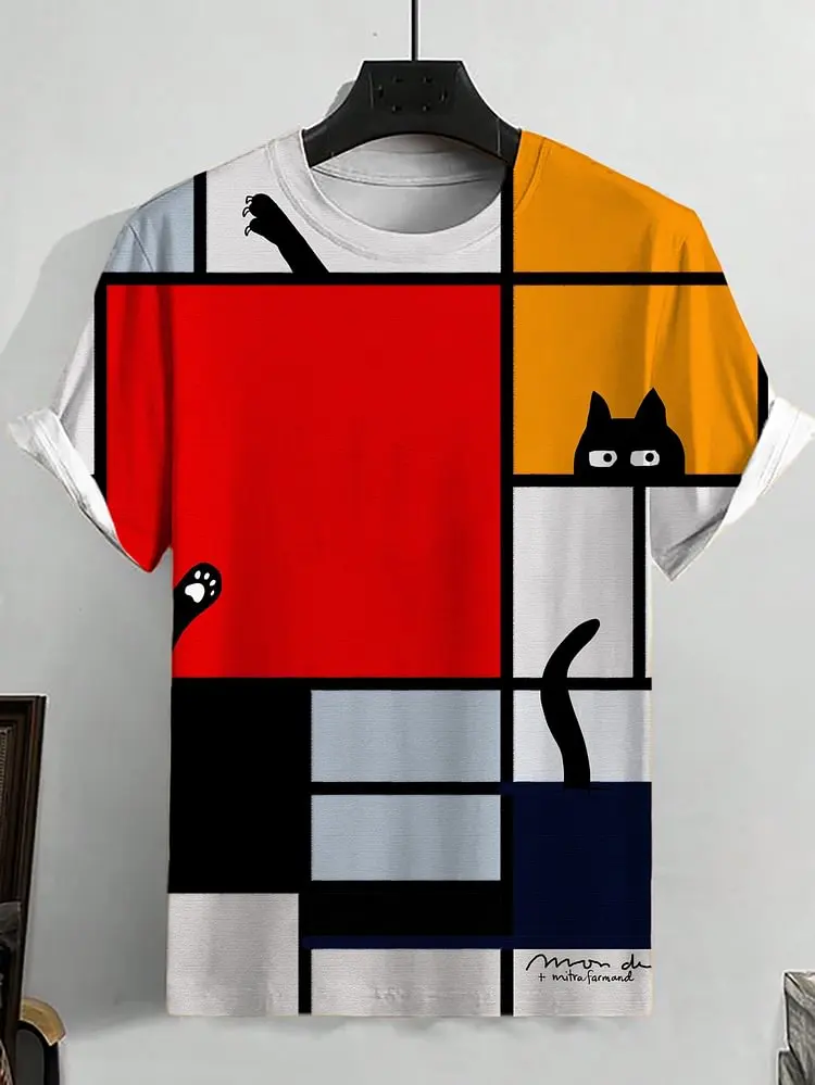 Cartoon Men's T-shirts Funny Mondrian Cat Multicolor Blocks 3D Print Casual Tshirt Men Women Short Sleeve O-Neck Tee Kid Y2k Top