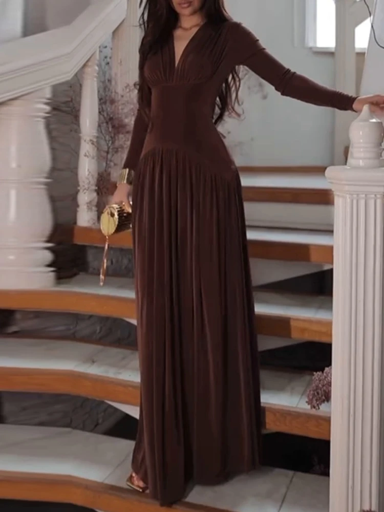 Autumn Maxi Dress For Women Sexy Fashion Solid V Neck Long Sleeve High Waist Slim Elegant Club Party Pleated Velvet Long Dress