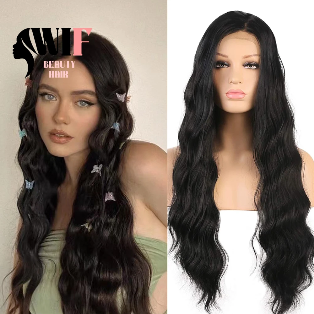 WIF Loose Wavy 1B Black Synthetic Lace Wig Black Hair Natural Hairline Heat Resistant Lace Front Wigs Women Daily Use Makeup