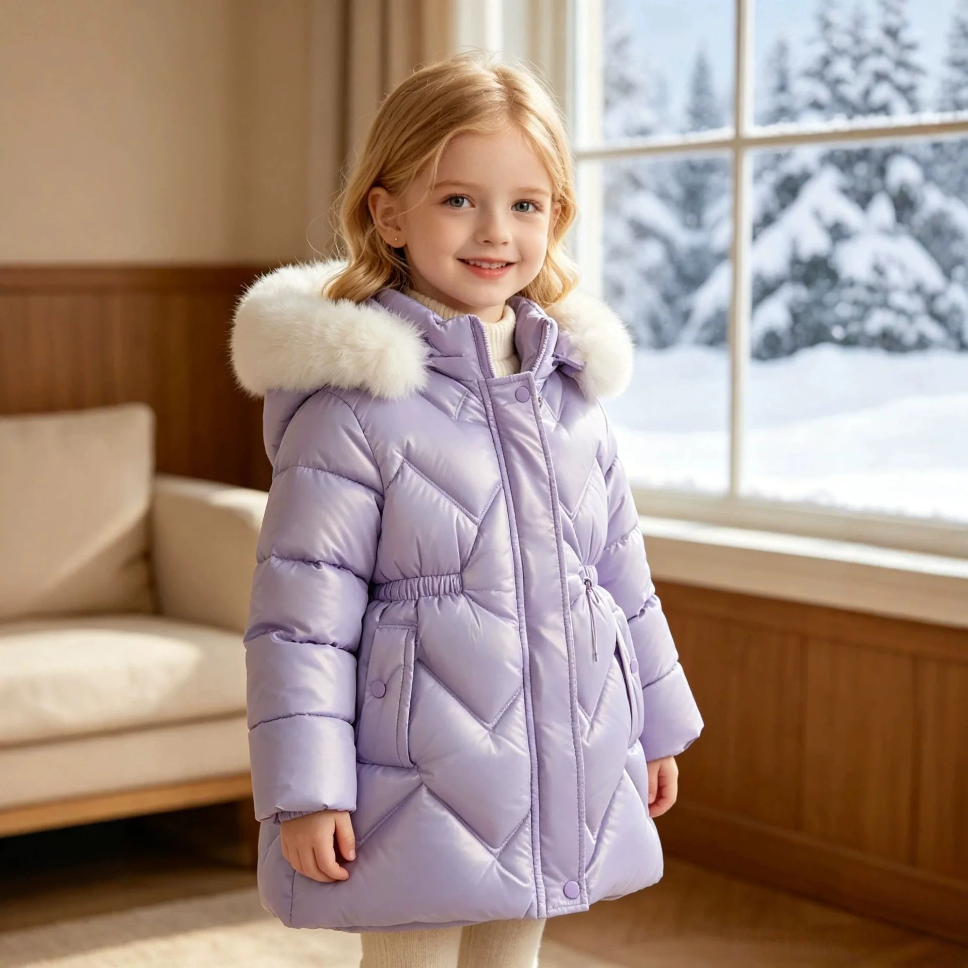 Girls Winter New Padded Coat Kids Medium Small Thick Fleece Shiny Leather Wash Free Hooded Padded Coat Jacket