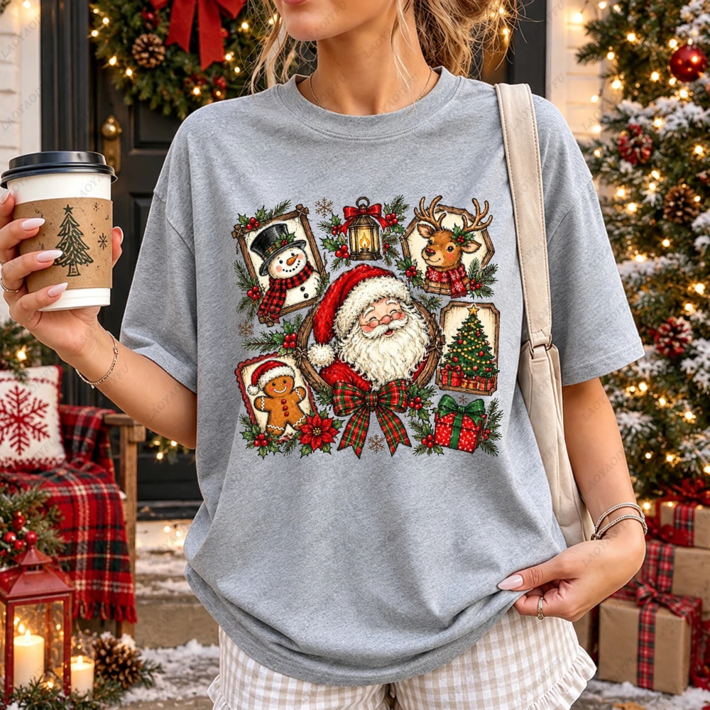 Christmas Patchwork Collage T Shirt Women Vintage Santa Snowman Reindeer Print Tee Short Sleeve Cotton Holiday Tops Nostalgia