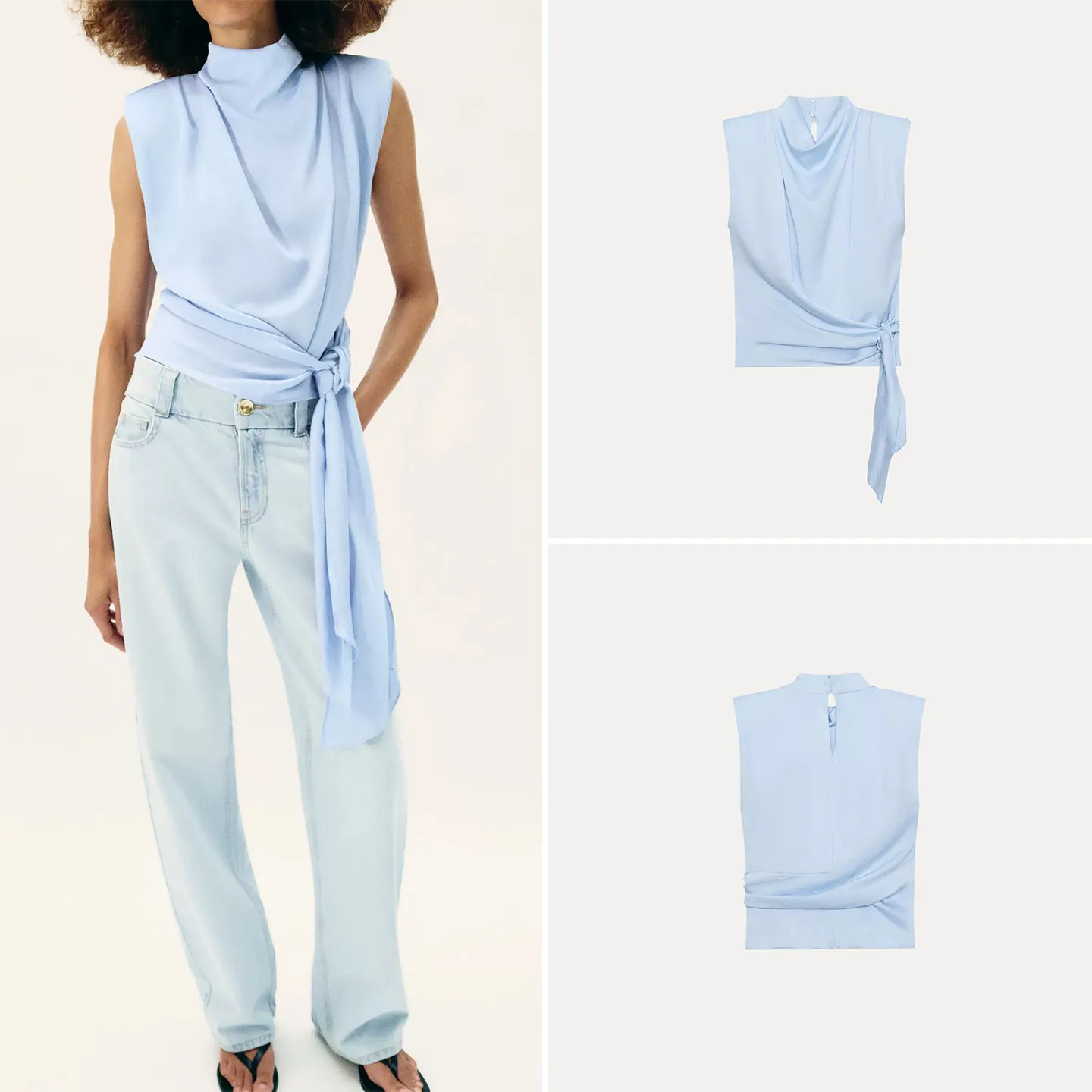 

Fashionable Women's Summer Shirt 2026 New Style Shoulder Pad Sleeveless Knot Design Top European Style Slim Fit Sho...