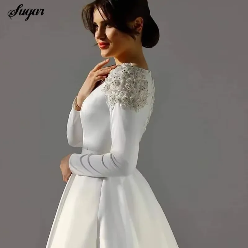 Robes de mariée musulmanes ivoire, col rond, ligne A, perles de fleurs, satin simple, vintage, manches longues, patients, quoi que ce soit