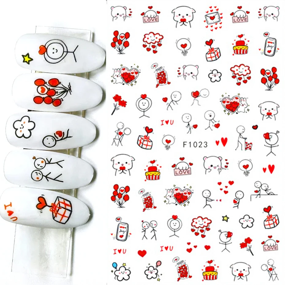 Cartoon Valentine Nail Stickers 3D Love Heart Cat Bear Balloon Rose Letter Romantic Foils Gel Polish Slider Manicure Decoration