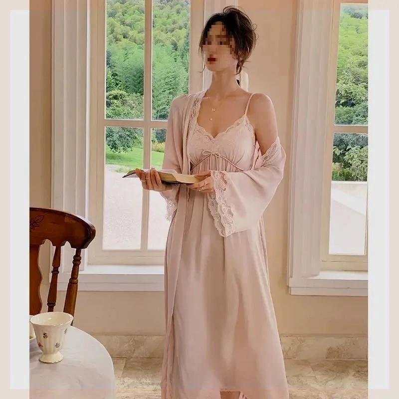 Elegant เซ็กซี่ลูกไม้ยาว Robe Nightgown ชุดฤดูใบไม้ผลิฤดูร้อนซาตินเสื้อคลุมอาบน้ํากิโมโนชุดนอนสไตล์ฝรั่งเศสชุดนอน Loungewear