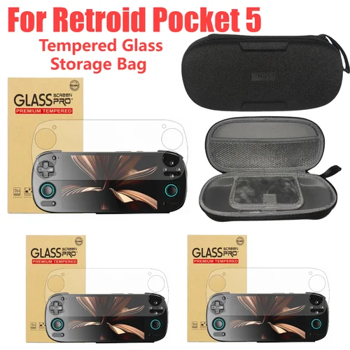 Para Retroid Pocket 5 películas protectoras de pantalla de vidrio templado bolsa de almacenamiento protectora ultraclara para consola de juegos Retroid Pocket 5