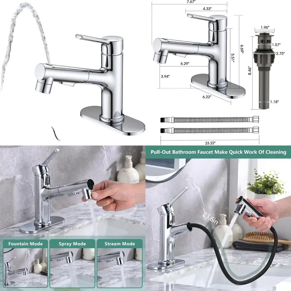 

Modern Single Handle Bathroom Sink Faucet with Pull-Out Spray and Pop-Up Drain, Deck Plate, Chrome Finish