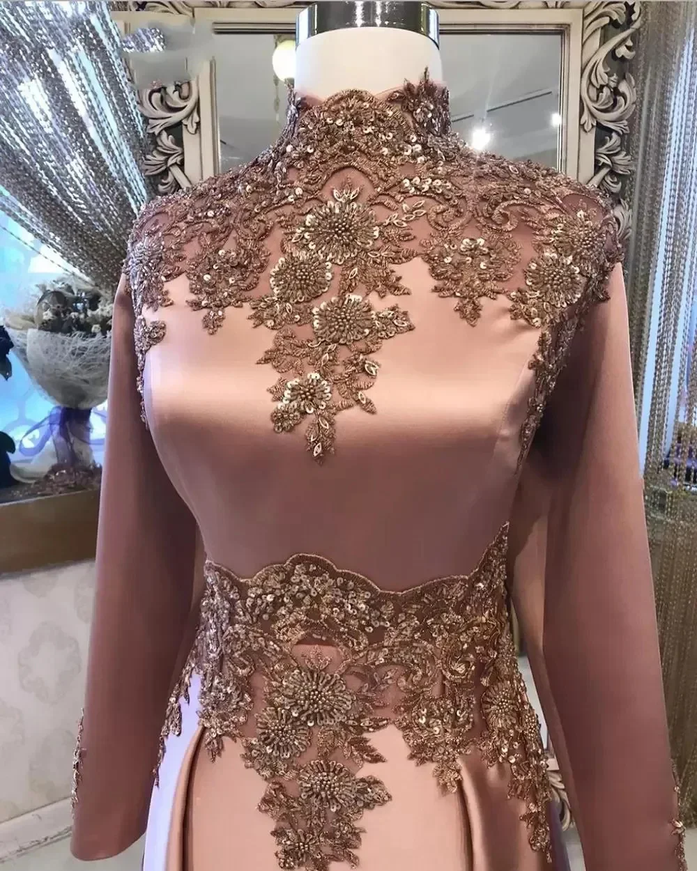 Customized Champagne Vestidos De Noche High Neck Lace Appliques Prom Dresses Elegant Long Sleeves Floor-Length Formal Evening 20