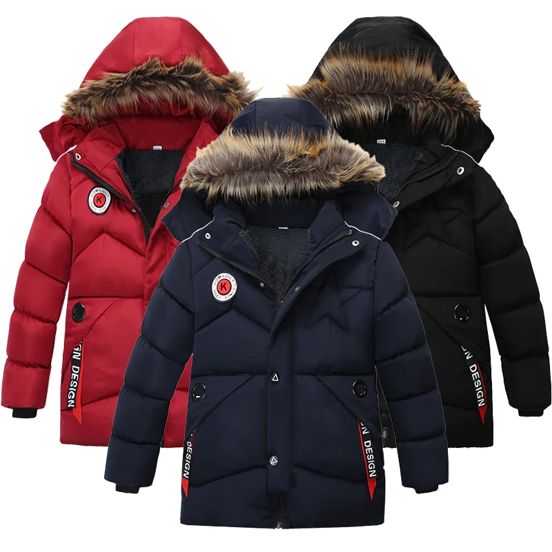 2-8 Years Winter Boys Jacket Thick Keep Warm Lining Plush Detachable Hat Hooded Fur Collar Coat For Kids Children Outerwear