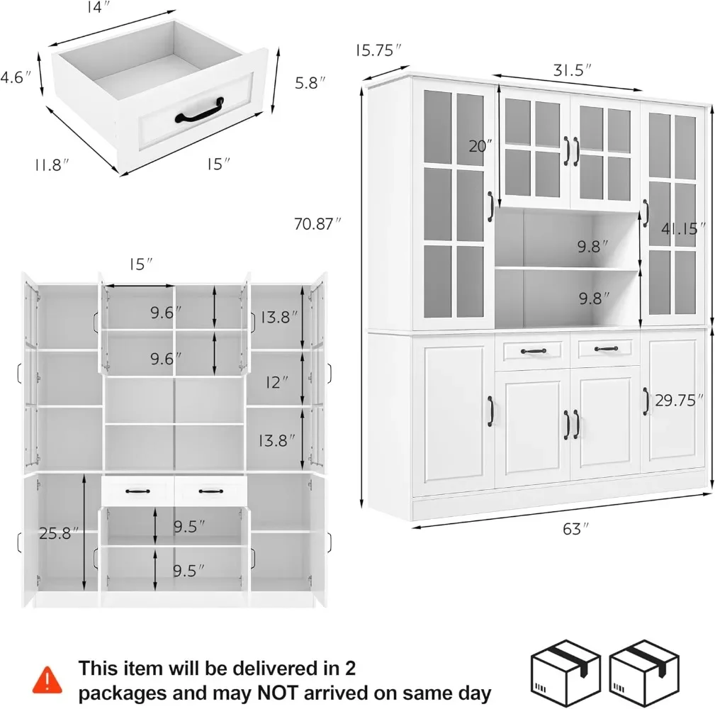 Kitchen Hutch Storage Cabinet with Glass Doors, Large China Hutch with 2 Drawers & 5 Adjustable Shelves, Kitchen Pantry Hutch