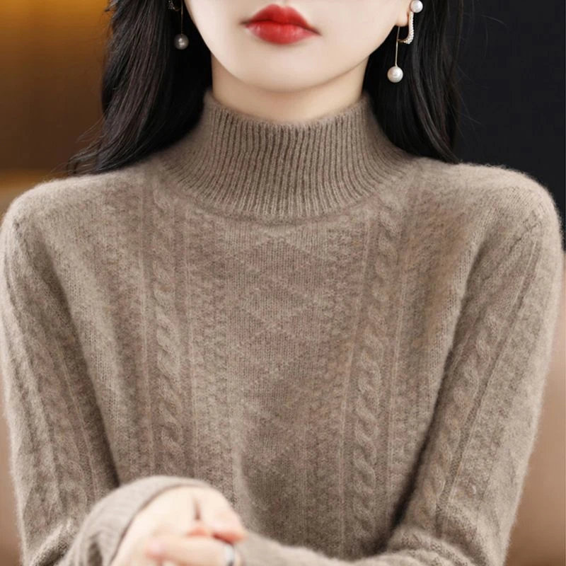 

Элитный вязаный свитер-водолазка для женщин, базовый слой, повседневный свободный крой, утепленная футболка-лонгслив