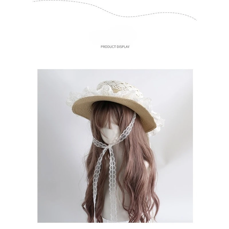 Cappello parasole stile foresta originale Cappello da campagna morbido per ragazza in erba Cappello di paglia galleggiante con fiocco in pizzo stile bambola