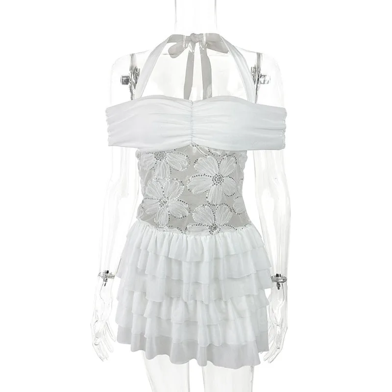 Letnie sukienki mini z odkrytymi ramionami i plecami, wiosenne sukienki imprezowe z kwiatowym wzorem, cekinami i ażurowymi detalami, seksowne sukienki damskie na ramiączkach typu halter, plisowane sukienki w kształcie litery A.