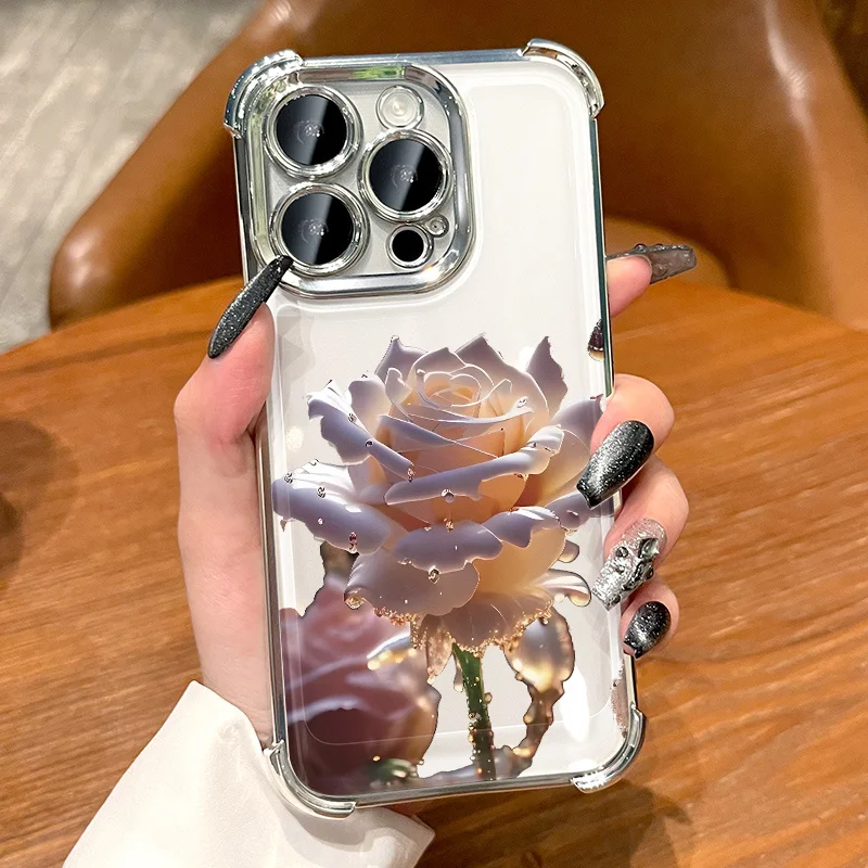 クリスタルジェイドローズデザインのフロスト加工スマホケース、Apple iPhone17 16 15 14 13 12 11 Pro Max Plus対応