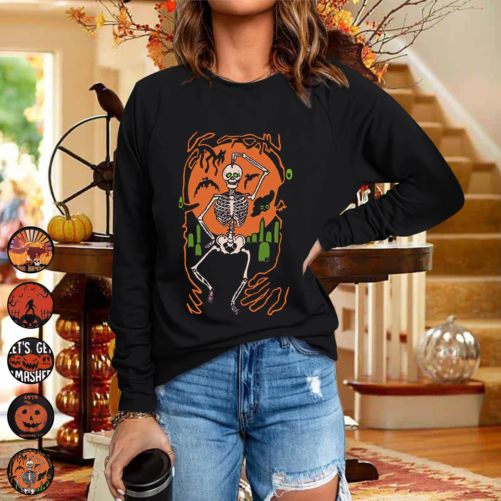 Funny Skull Print T Shirts Women Fashion Halloween Cute Clothes for Girls Y2K Streetwear Graphic Long Sleeve Tops Loose Casual