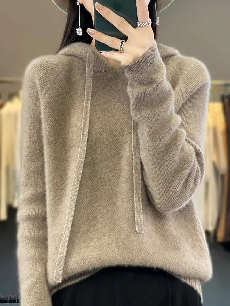 2024 New Autumn Winter Pure Merino Wool Women Sweater Solid Thick Pullover Knitwear Casual Hooded Cashmere Clothing Tops