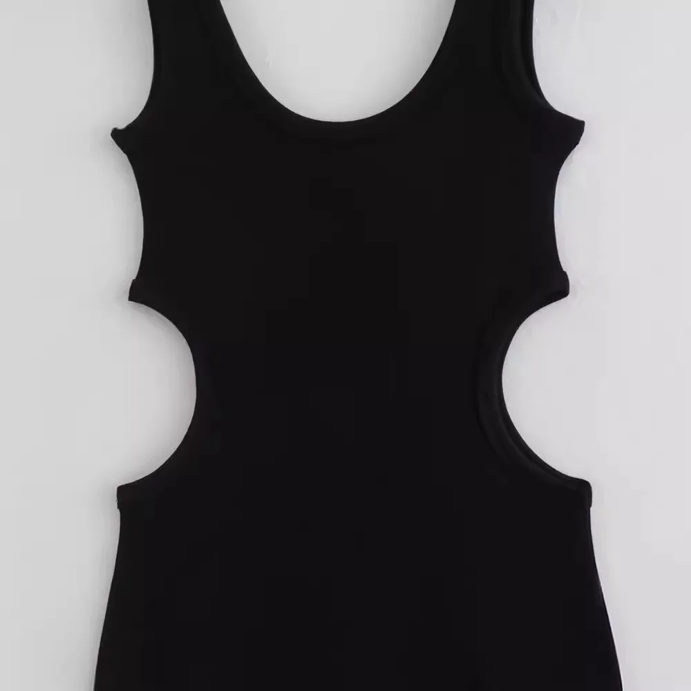 فستان نسائي مكشوف الخصر ، فساتين متوسطة الطول محبوكة سوداء ، بلا أكمام ، أزياء نادي مثيرة ، إطلاق جديد ، أو