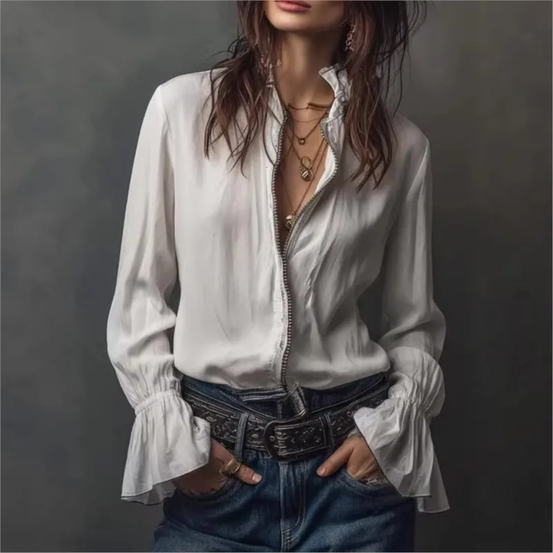 

Новая блузка с v-образным вырезом и расклешенными манжетами, весенняя свободная посадка, модная рубашка на молнии, топы с длинными рукавами в стиле ретро в стиле бохо